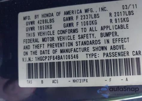 2011 Honda Accord 2.4 Se from USA, damaged, VIN 1HGCP2F64BA106546